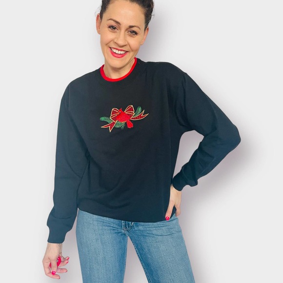 Vintage Tops - 90s Black and Red Cardinal and Holly‎ Holiday Crewneck